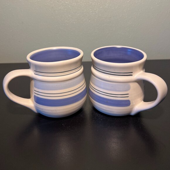 Set of 2 Pfaltzgraff Hand Painted RIO Stoneware Mug with Stripes in Hues of Blue - Picture 2 of 10
